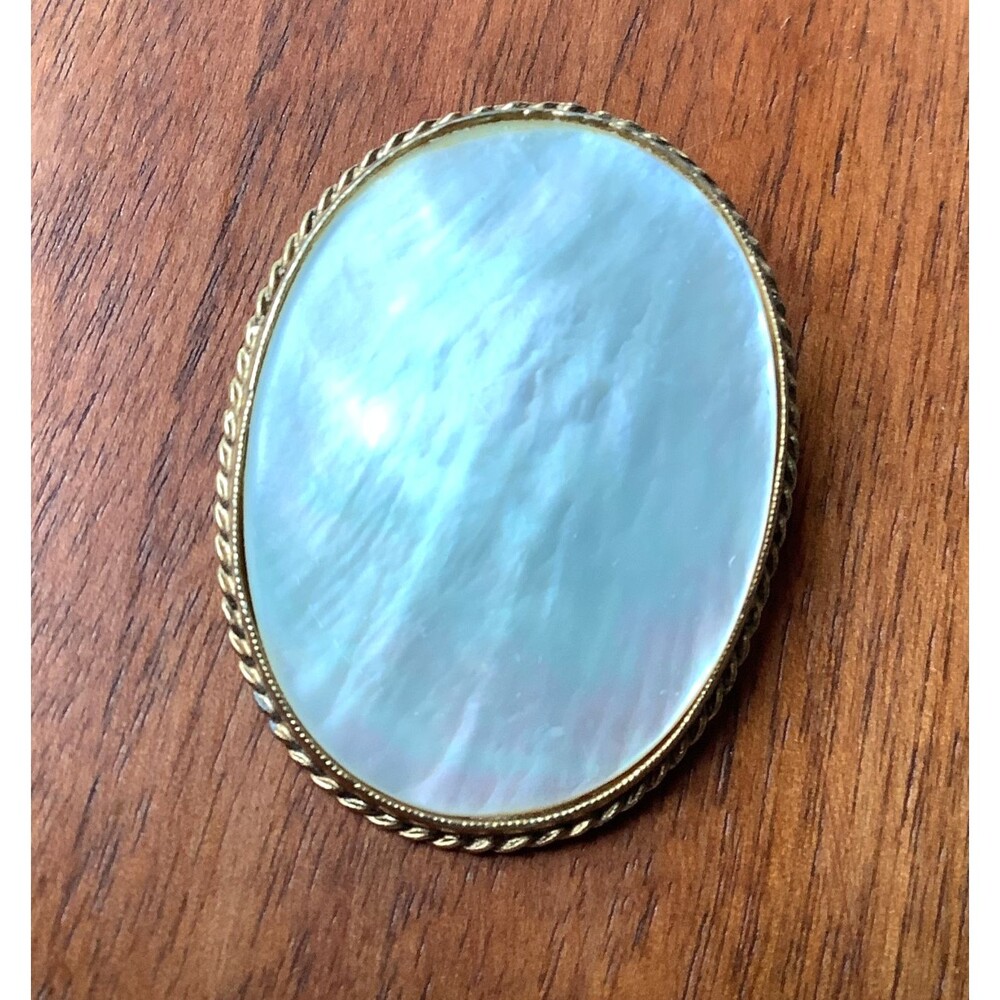 Vintage Oval Brooch Mother of Pearl Gold Tone Rope Twist Bezel Pin